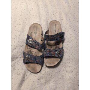 Josef Seibel Tonga 04 Ocean Blue Size 8/8.5 Metallic Floral Sandals Adjustable
